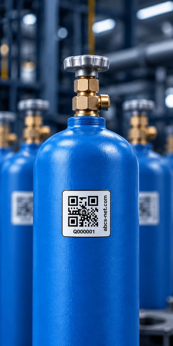 Синие газовые баллоны с QR-меткой АСУБ, кодом Q000001 и адресом abcs-net.com